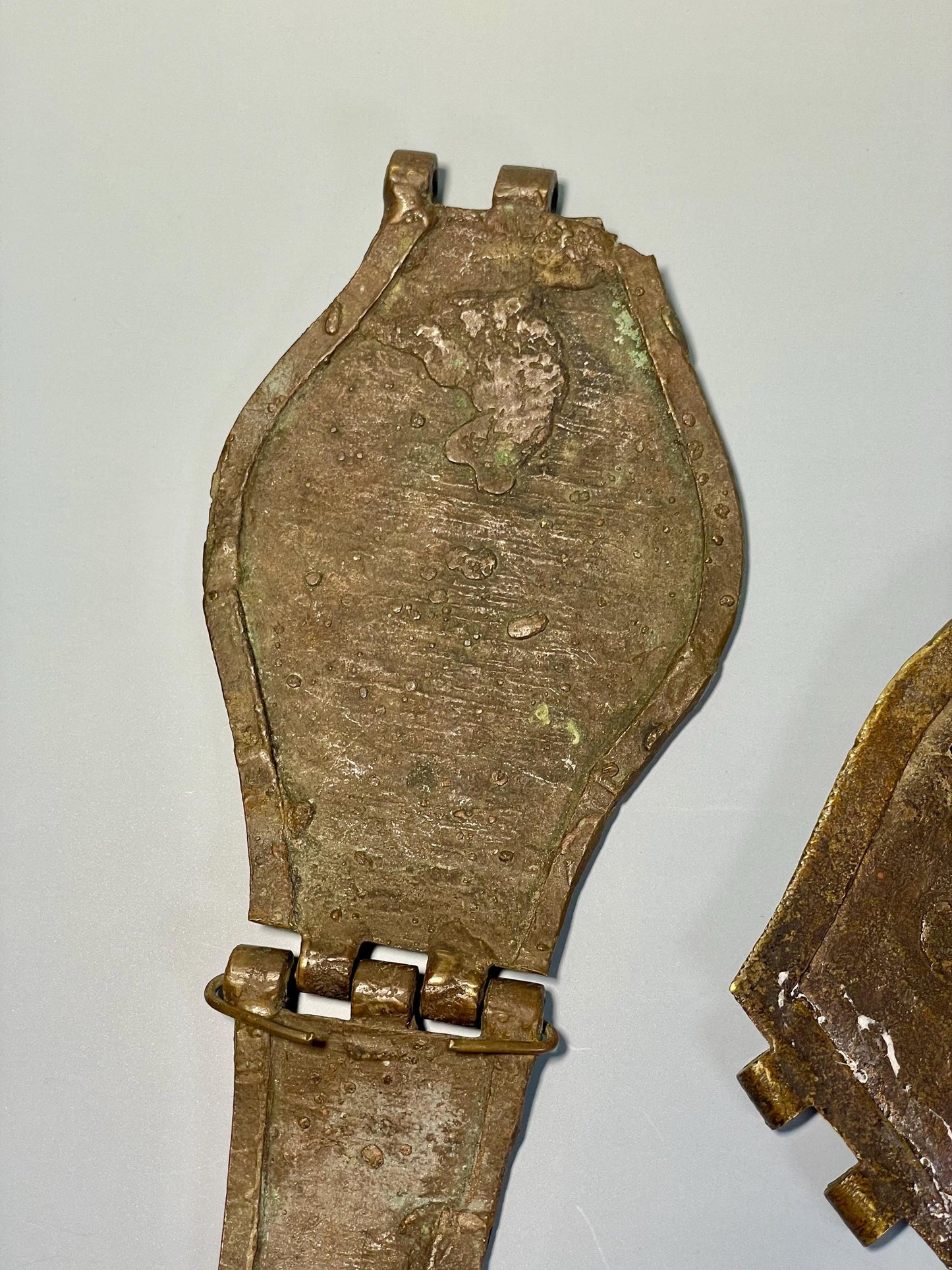 Lot of 2 Ancient Bronze Artifacts (4.24-8 inches) with Etched Design  One Hinged