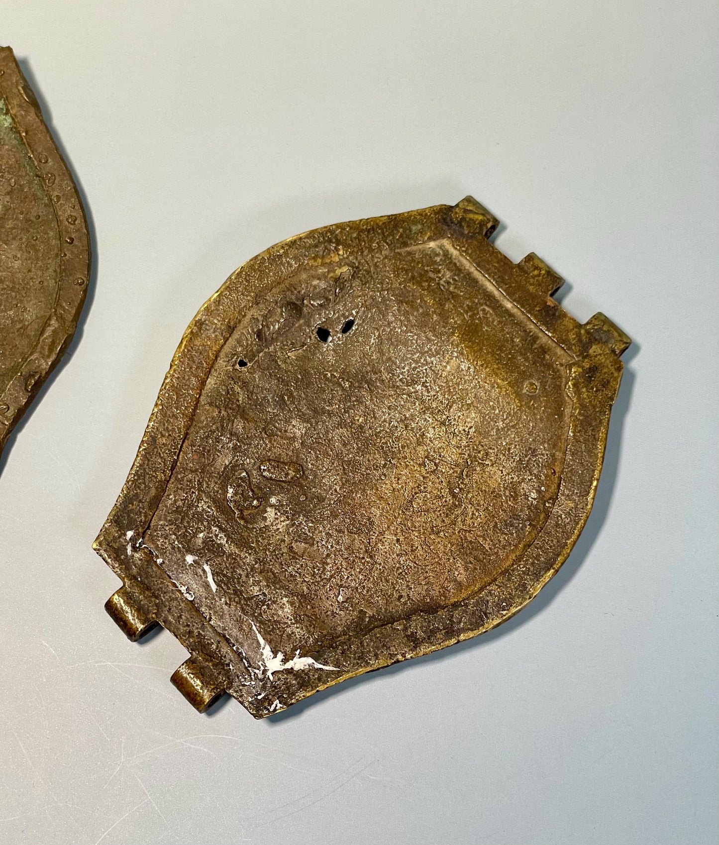 Lot of 2 Ancient Bronze Artifacts (4.24-8 inches) with Etched Design  One Hinged