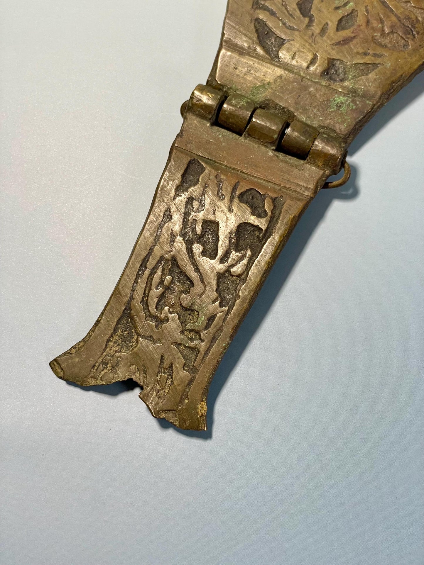 Lot of 2 Ancient Bronze Artifacts (4.24-8 inches) with Etched Design  One Hinged