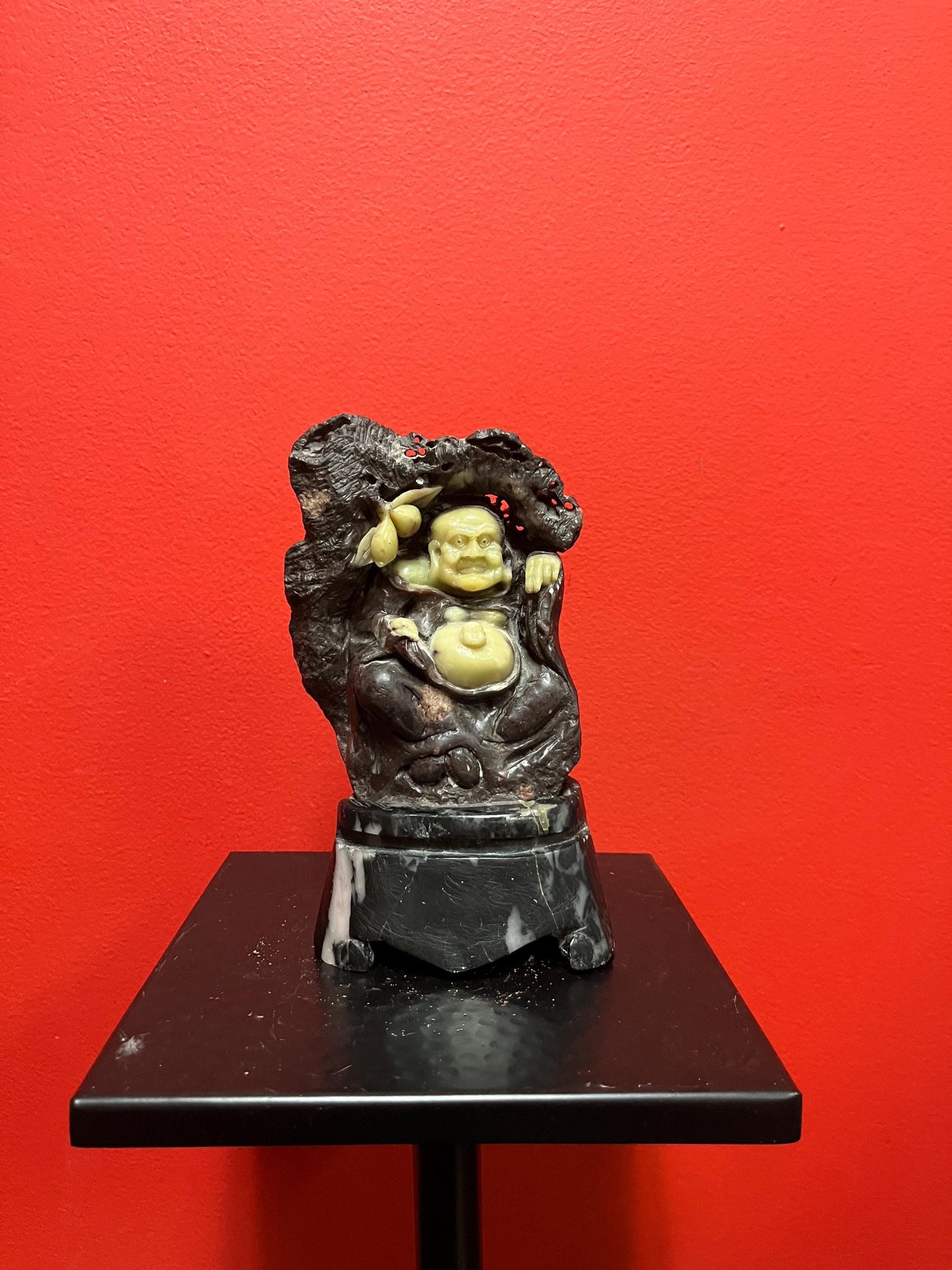 Beautiful antique Asian 7.5 inch tall stone and Jade statue of a  Buddha on marble  stand very unique  wonderful gift  heavy