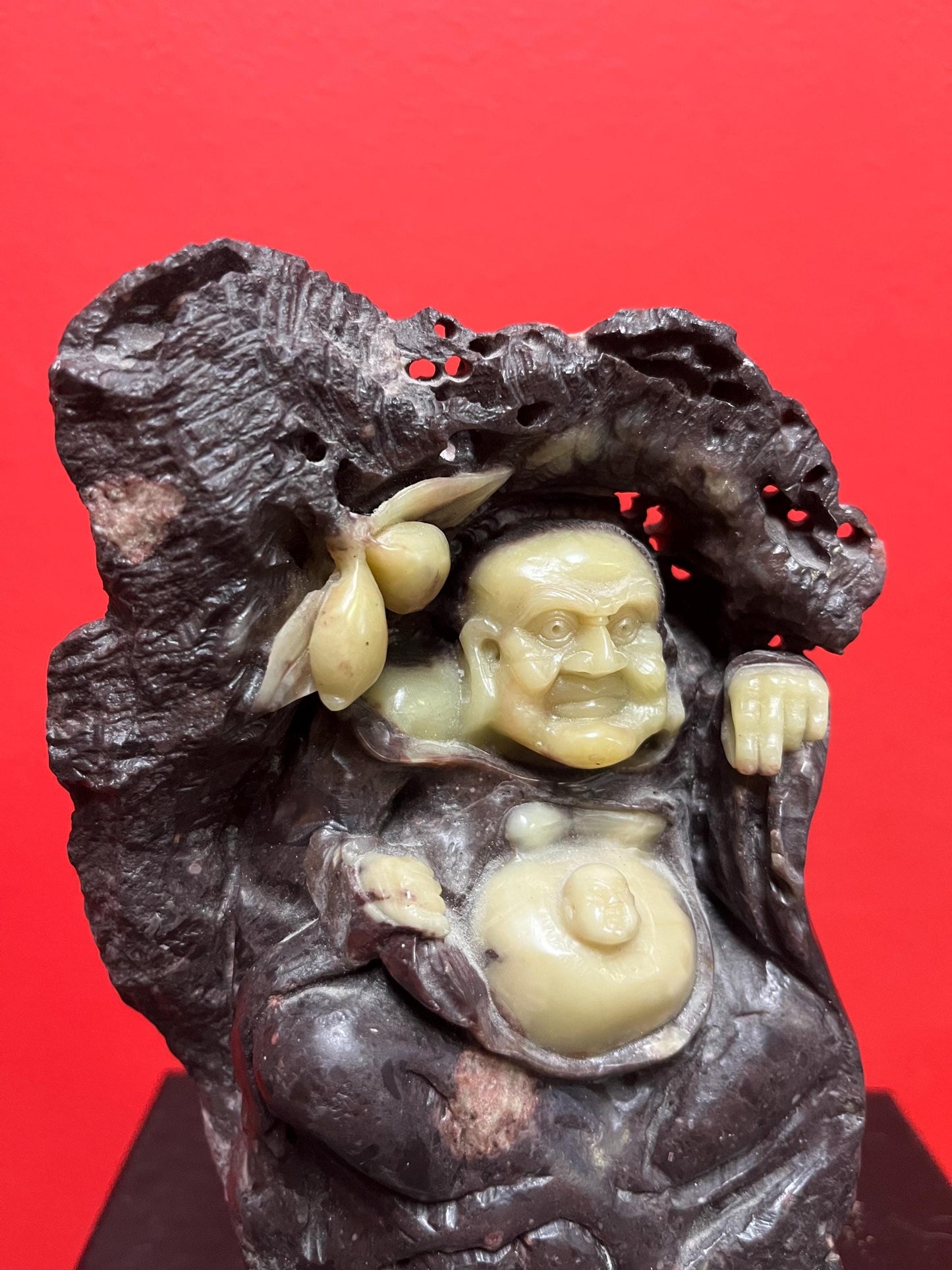 Beautiful antique Asian 7.5 inch tall stone and Jade statue of a  Buddha on marble  stand very unique  wonderful gift  heavy