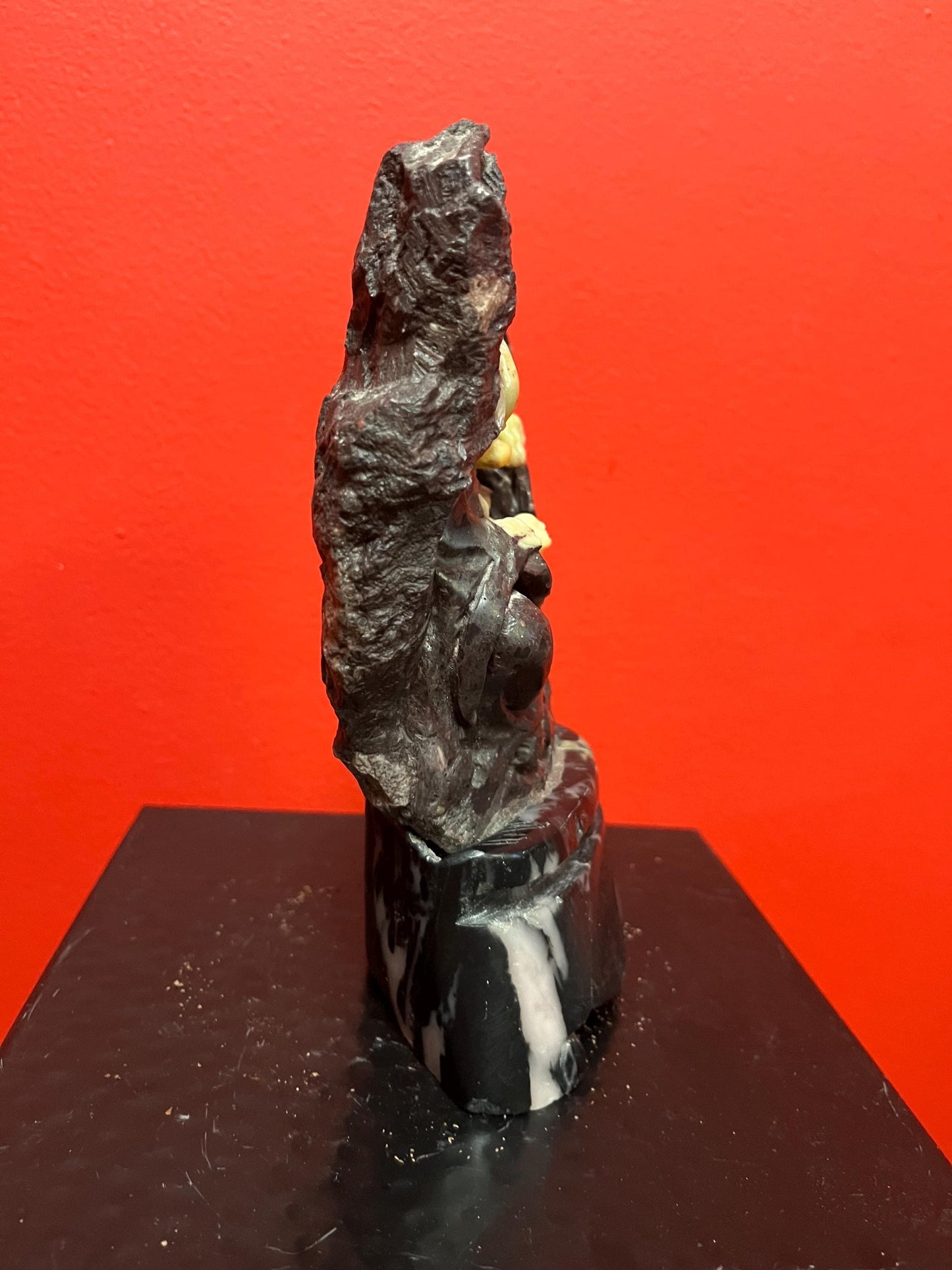 Beautiful antique Asian 7.5 inch tall stone and Jade statue of a  Buddha on marble  stand very unique  wonderful gift  heavy