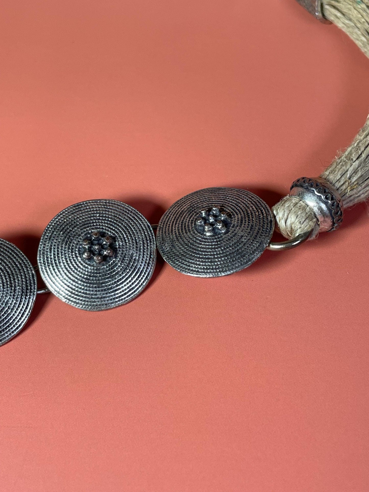 Persian Untested Silver and Rope Necklace  Asymmetrical Design 18 inches