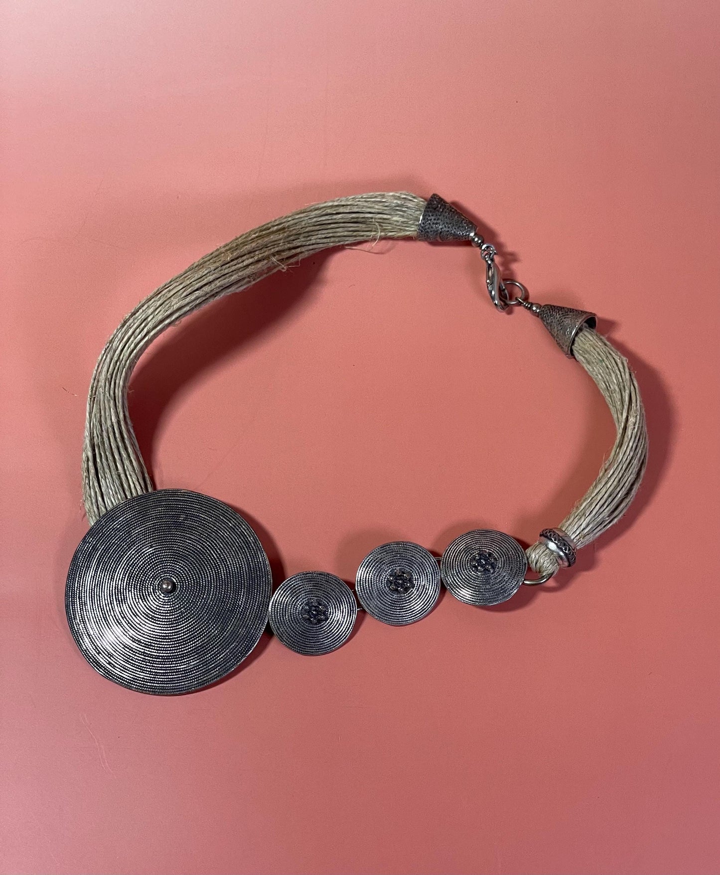 Persian Untested Silver and Rope Necklace  Asymmetrical Design 18 inches