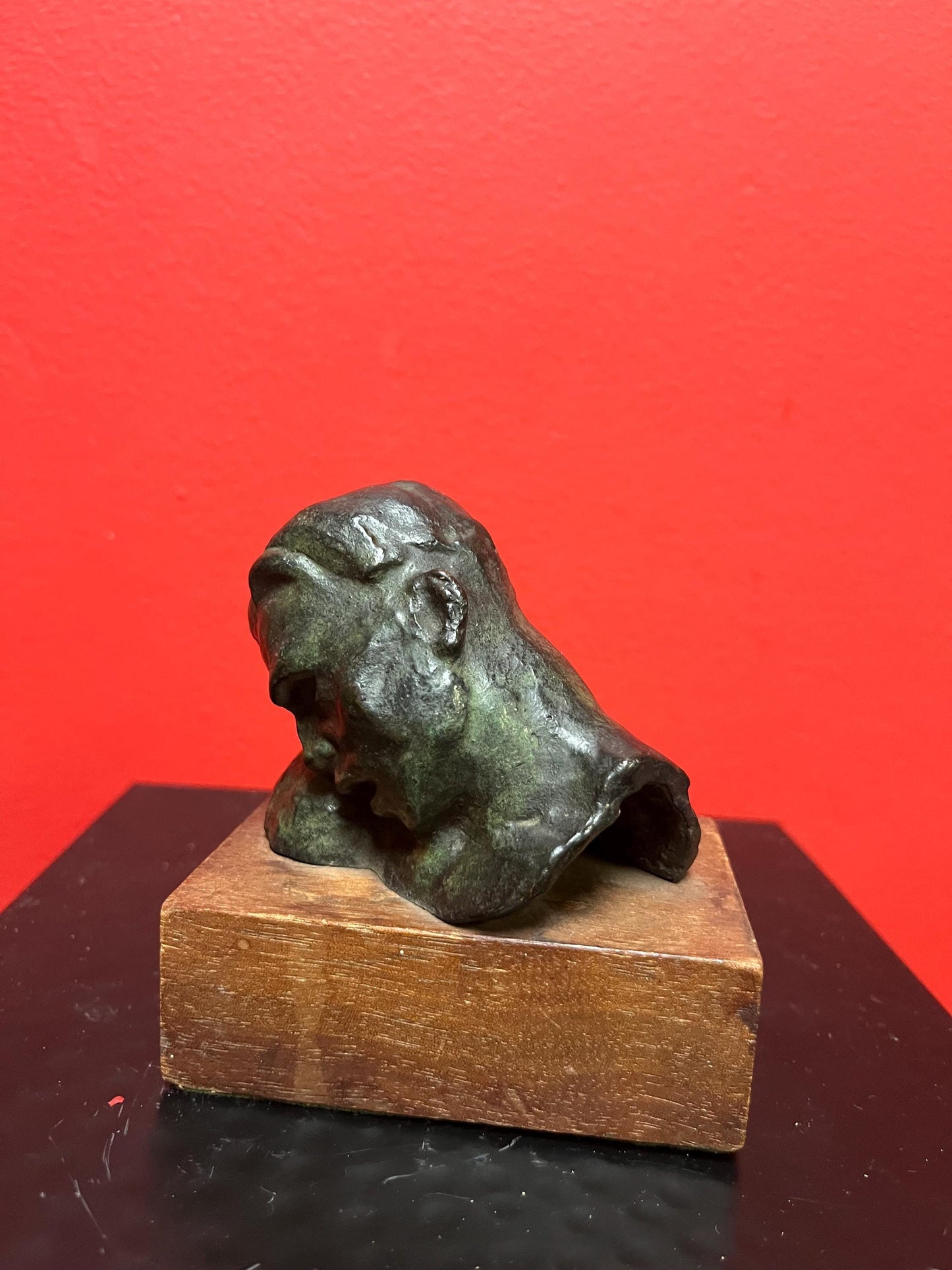 4 x 5 high lovely bronze statue of a mans head on wood base - great patina  fab gift
