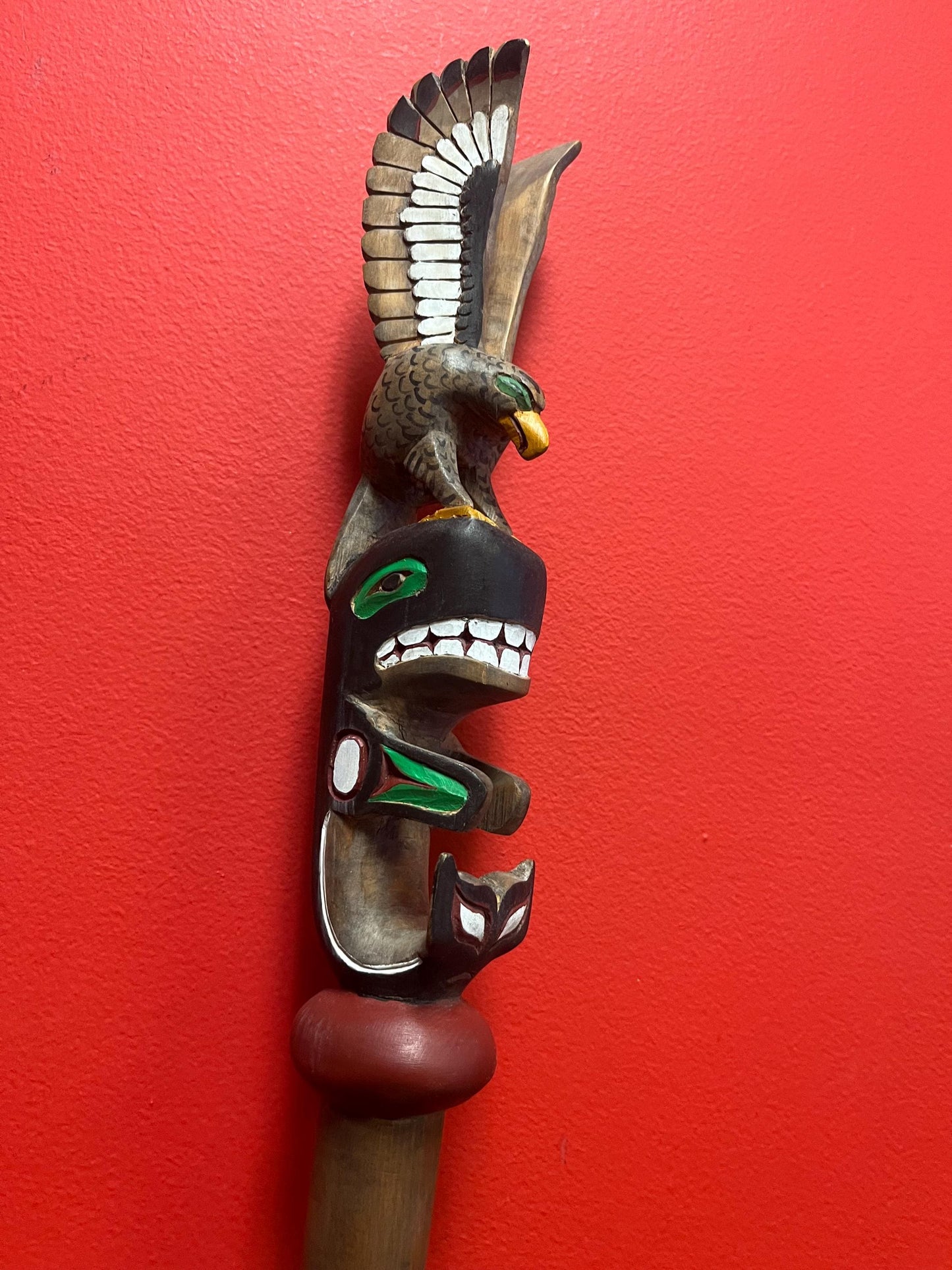 Sensational primitive well detailed signed 20 inch indigenous first nations Pacific Northwest talking stick  eagle  killer whale transform