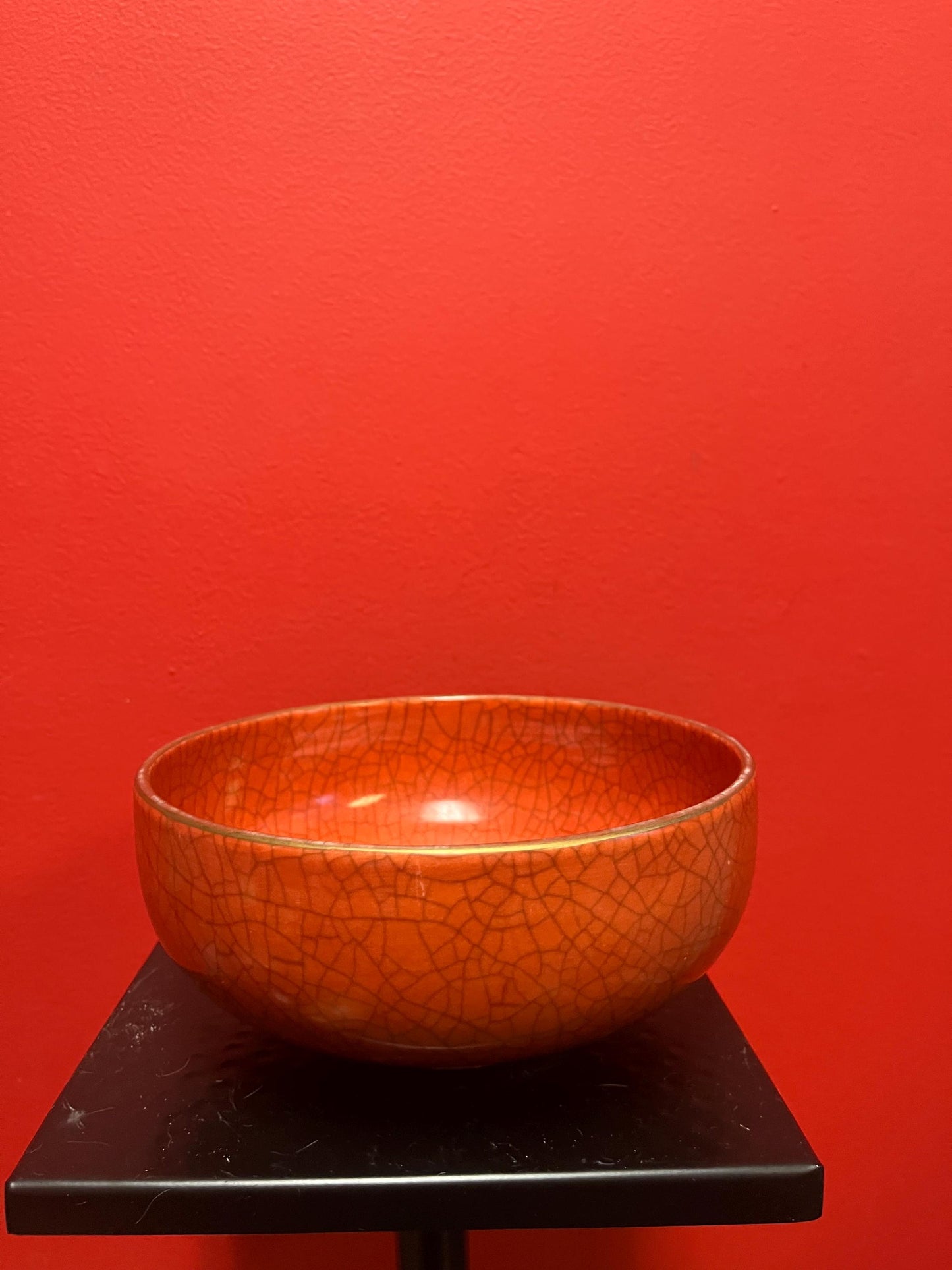 Absolutely beautiful Asian crackle crazed antique orange bowl  wonderful condition and 8 inches long  most likely Chinese