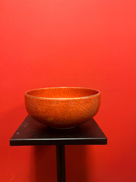 Absolutely beautiful Asian crackle crazed antique orange bowl  wonderful condition and 8 inches long  most likely Chinese
