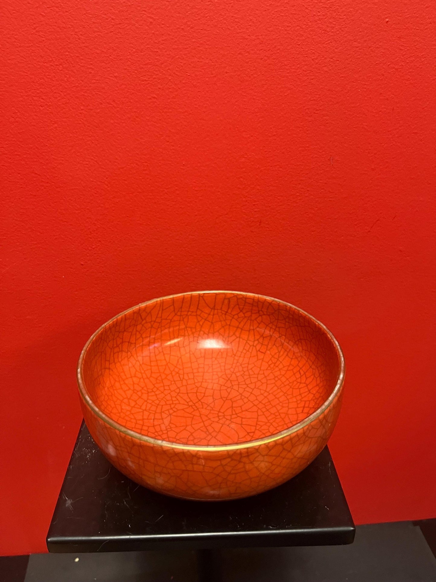 Absolutely beautiful Asian crackle crazed antique orange bowl  wonderful condition and 8 inches long  most likely Chinese