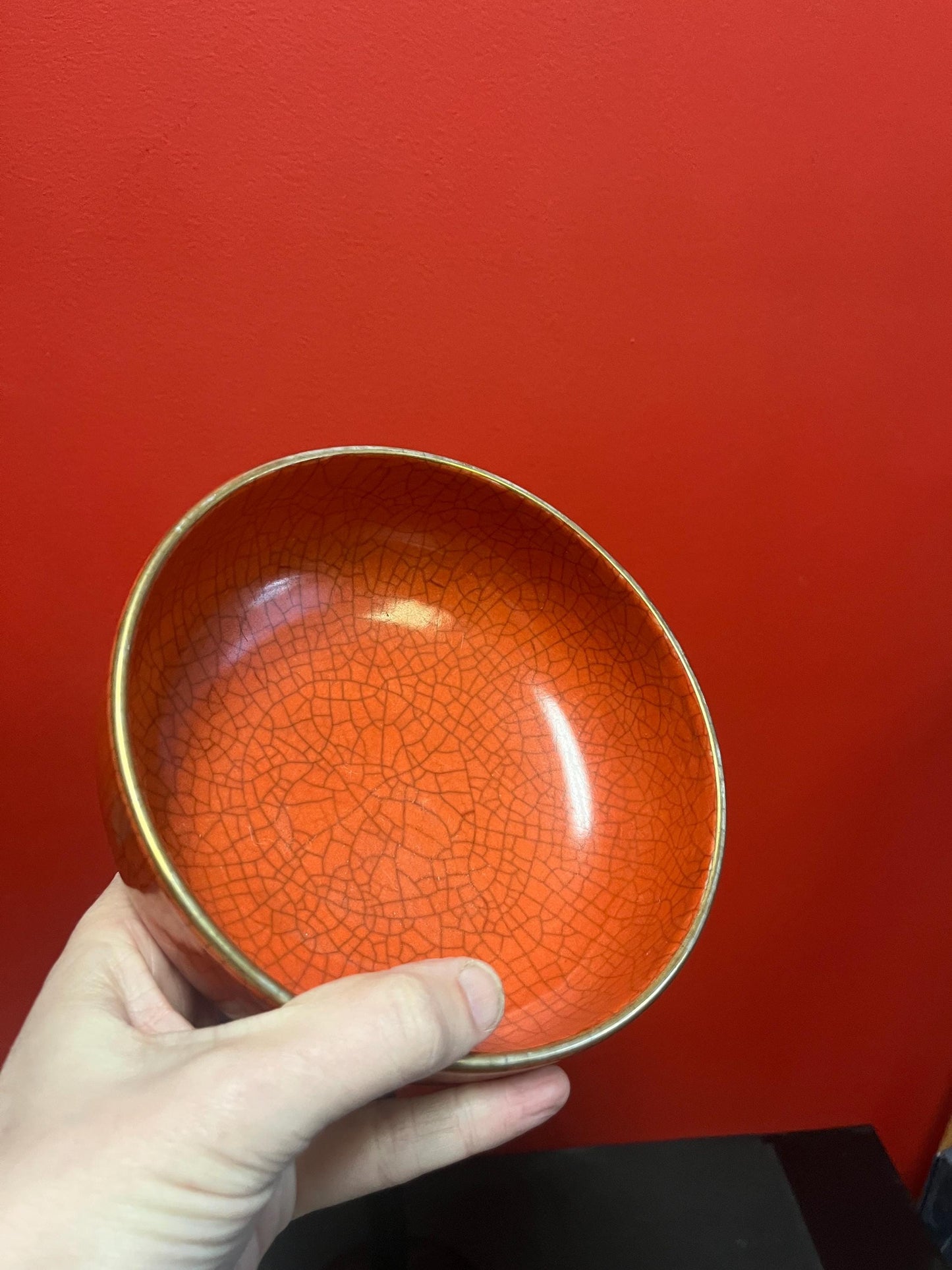 Absolutely beautiful Asian crackle crazed antique orange bowl  wonderful condition and 8 inches long  most likely Chinese