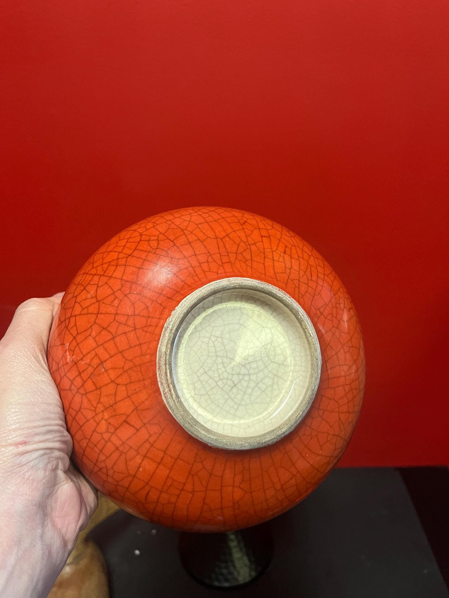 Absolutely beautiful Asian crackle crazed antique orange bowl  wonderful condition and 8 inches long  most likely Chinese