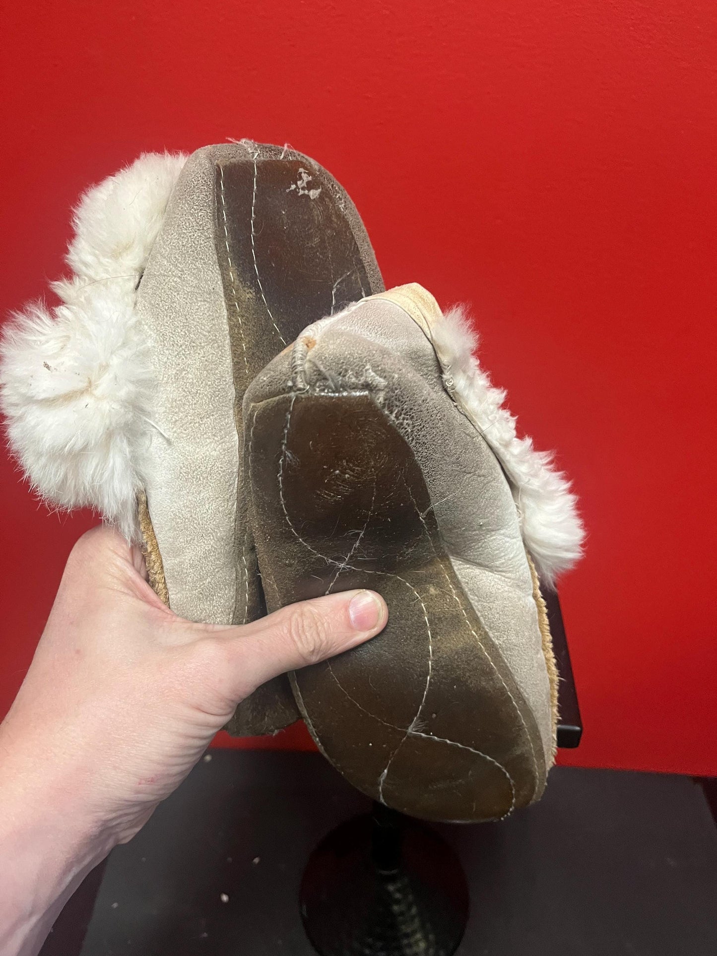 Beautiful indigenous first nations leather fur and beaded moccasin shoes  not perfect so see photos  great for collection  10 inch long