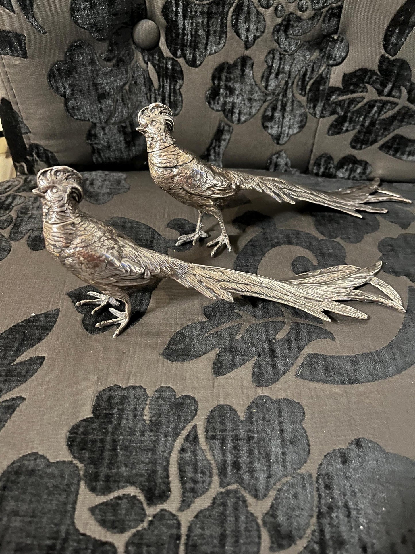 Amazing antique European 800 silver stamped pheasant salt and pepper  great detail  heavy  195 grams  wow detail