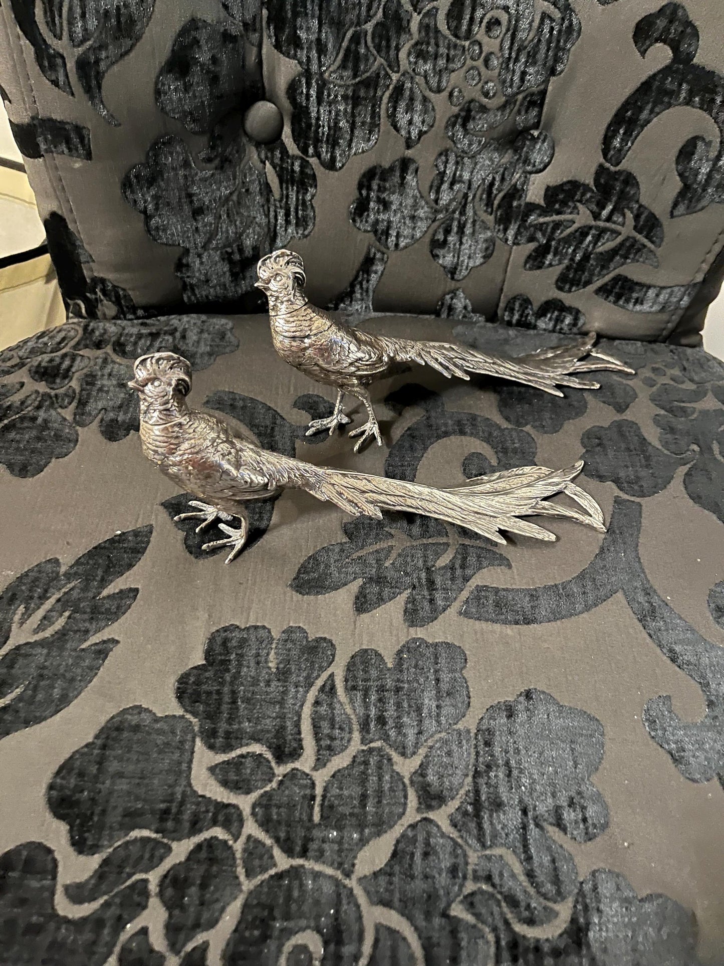 Amazing antique European 800 silver stamped pheasant salt and pepper  great detail  heavy  195 grams  wow detail