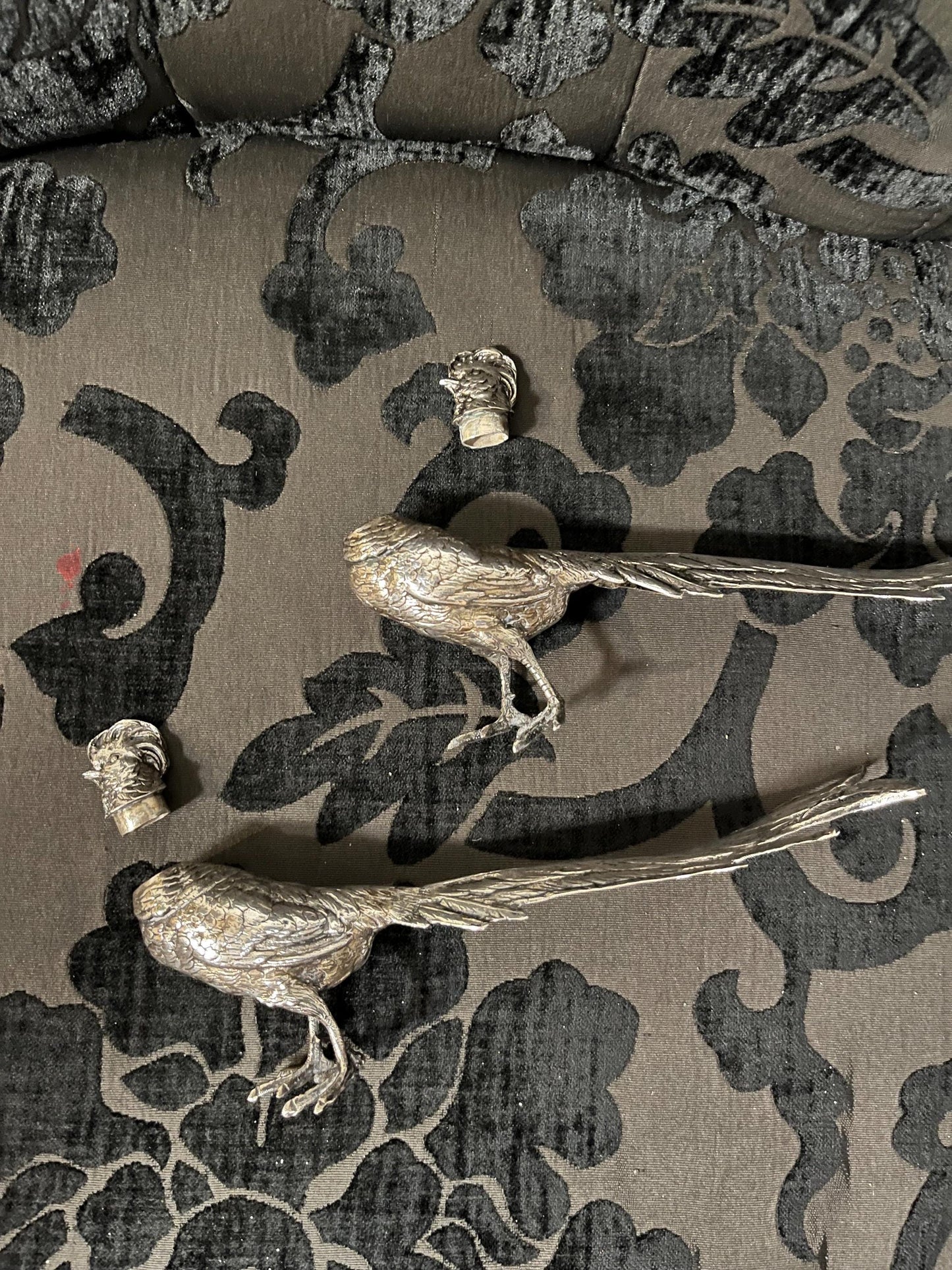 Amazing antique European 800 silver stamped pheasant salt and pepper  great detail  heavy  195 grams  wow detail