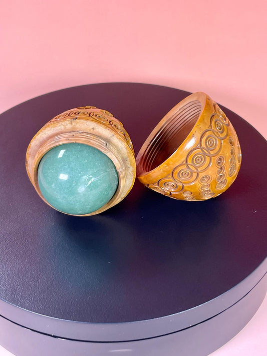 3 inch Carved Wooden Egg with Hidden Green Stone