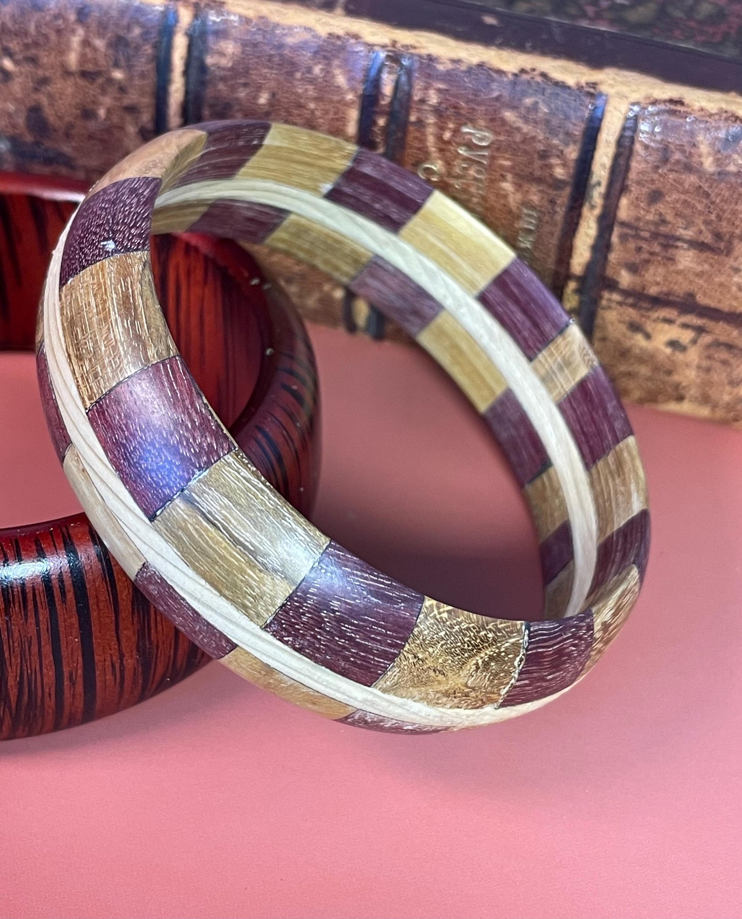 Lot of 2 Wooden Bracelets  3-Inch Diameter, Striped and Patchwork Designs