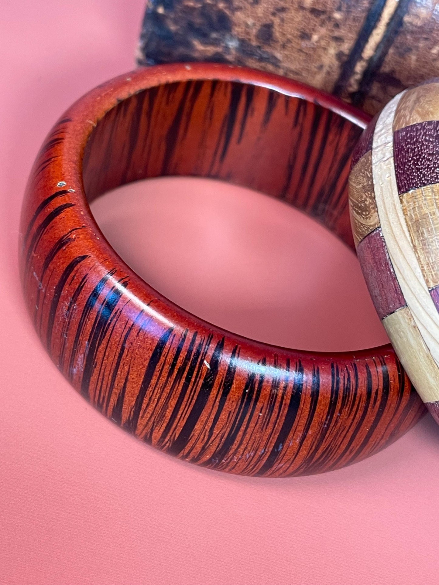 Lot of 2 Wooden Bracelets  3-Inch Diameter, Striped and Patchwork Designs