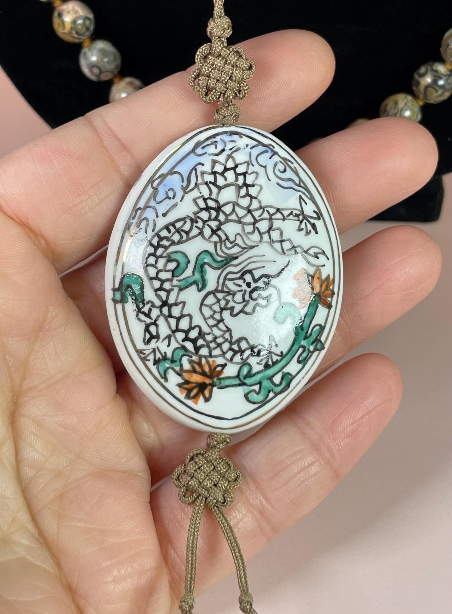 38 inch Hand-painted Ceramic Pendant Necklace with Beaded Strand