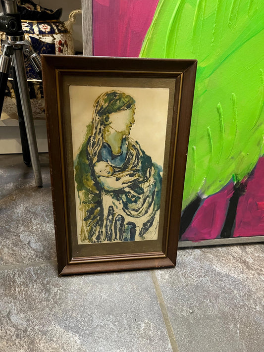 Beautiful 12 x 7 original painting on paper  signed in nice frame  mid century modern  mother and child