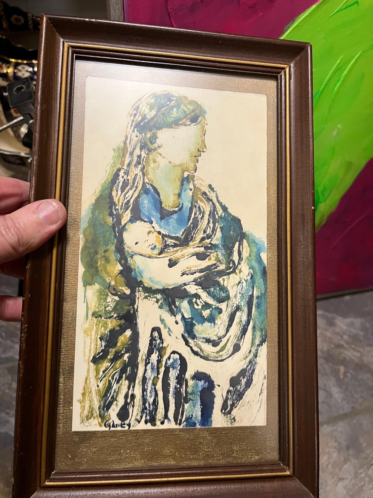 Beautiful 12 x 7 original painting on paper  signed in nice frame  mid century modern  mother and child