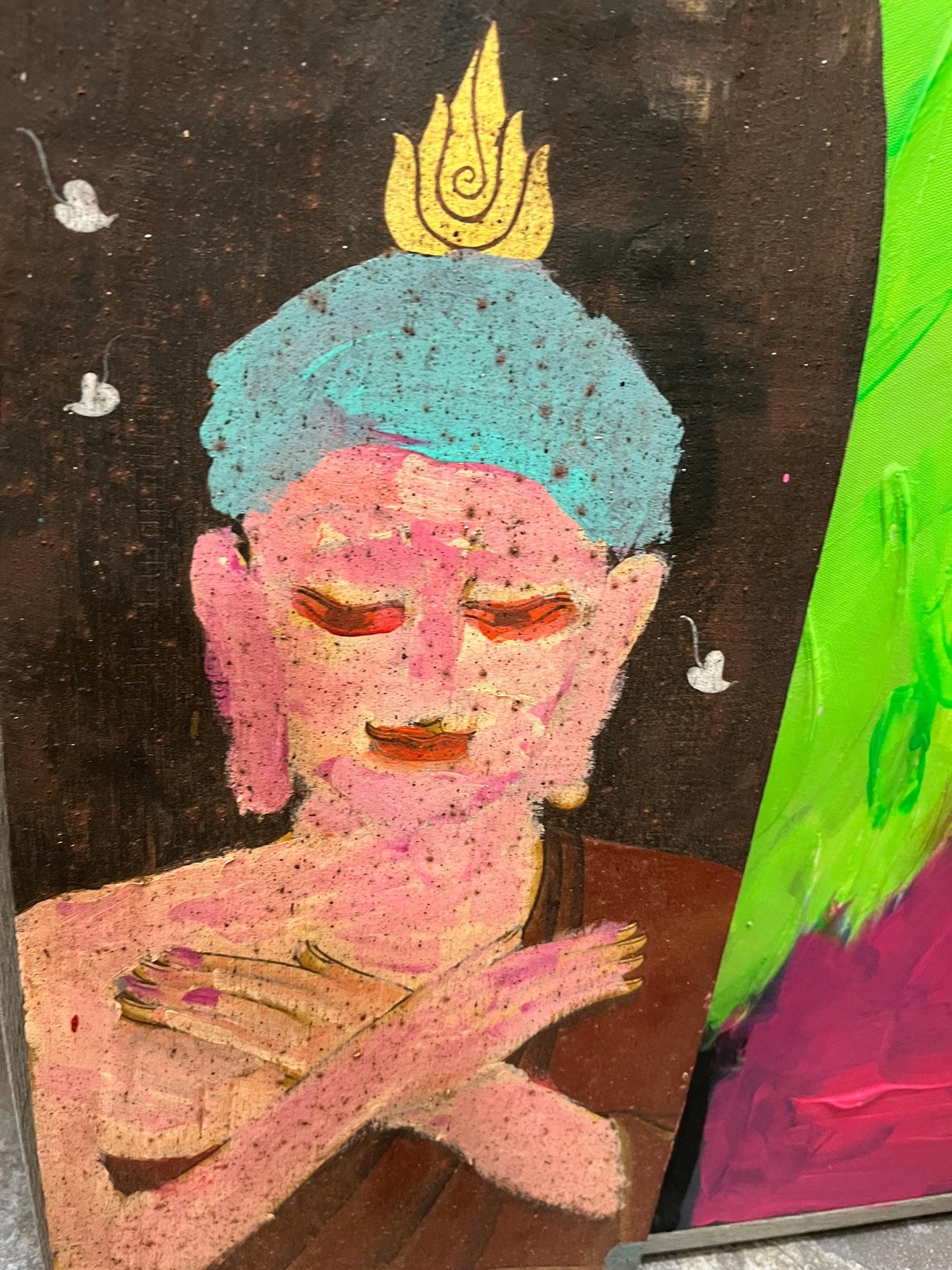 Very unique 20 x 9 primitive folk art Nepalese painting of a Buddha on wood panel  great imagery