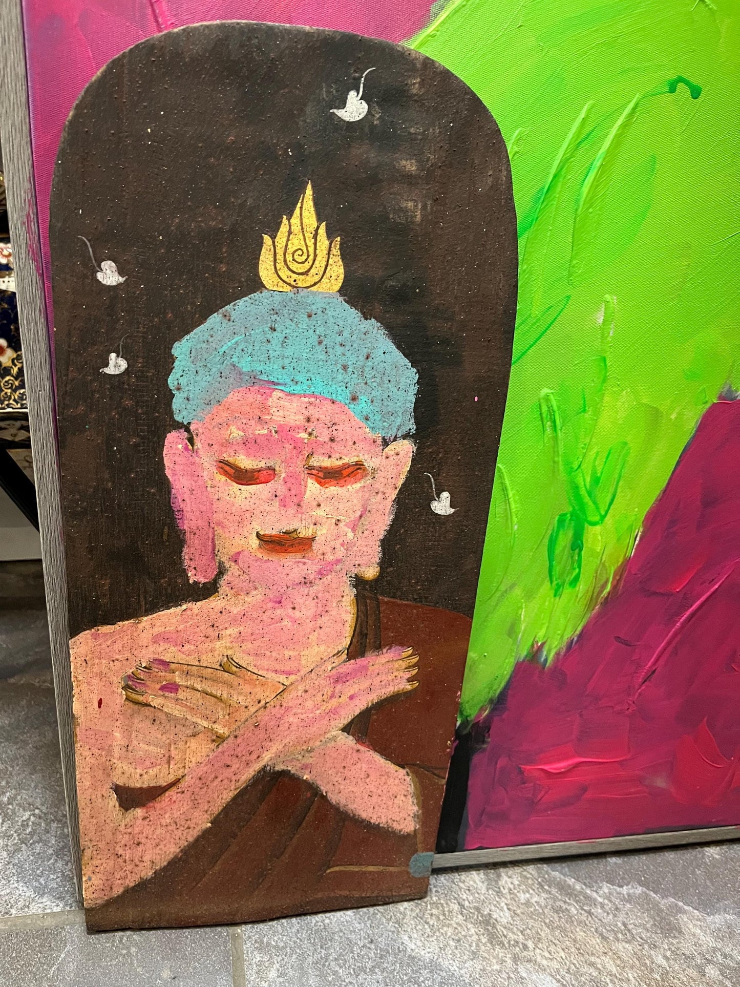 Very unique 20 x 9 primitive folk art Nepalese painting of a Buddha on wood panel  great imagery
