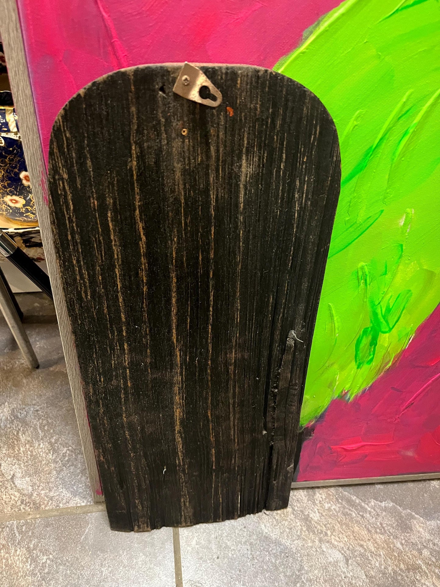 Very unique 20 x 9 primitive folk art Nepalese painting of a Buddha on wood panel  great imagery