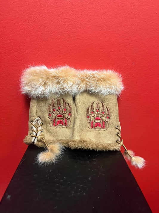Amazing signed 7 inch long indigenous first nations leather and fur fingerless gloves  ready to gift or wear