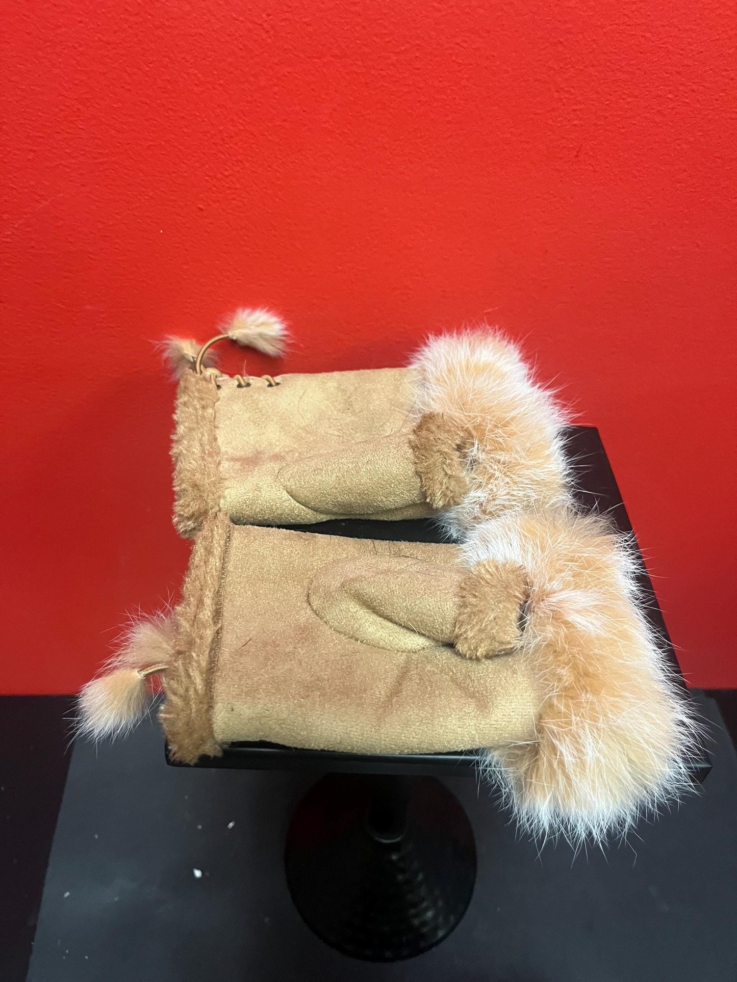 Amazing signed 7 inch long indigenous first nations leather and fur fingerless gloves  ready to gift or wear