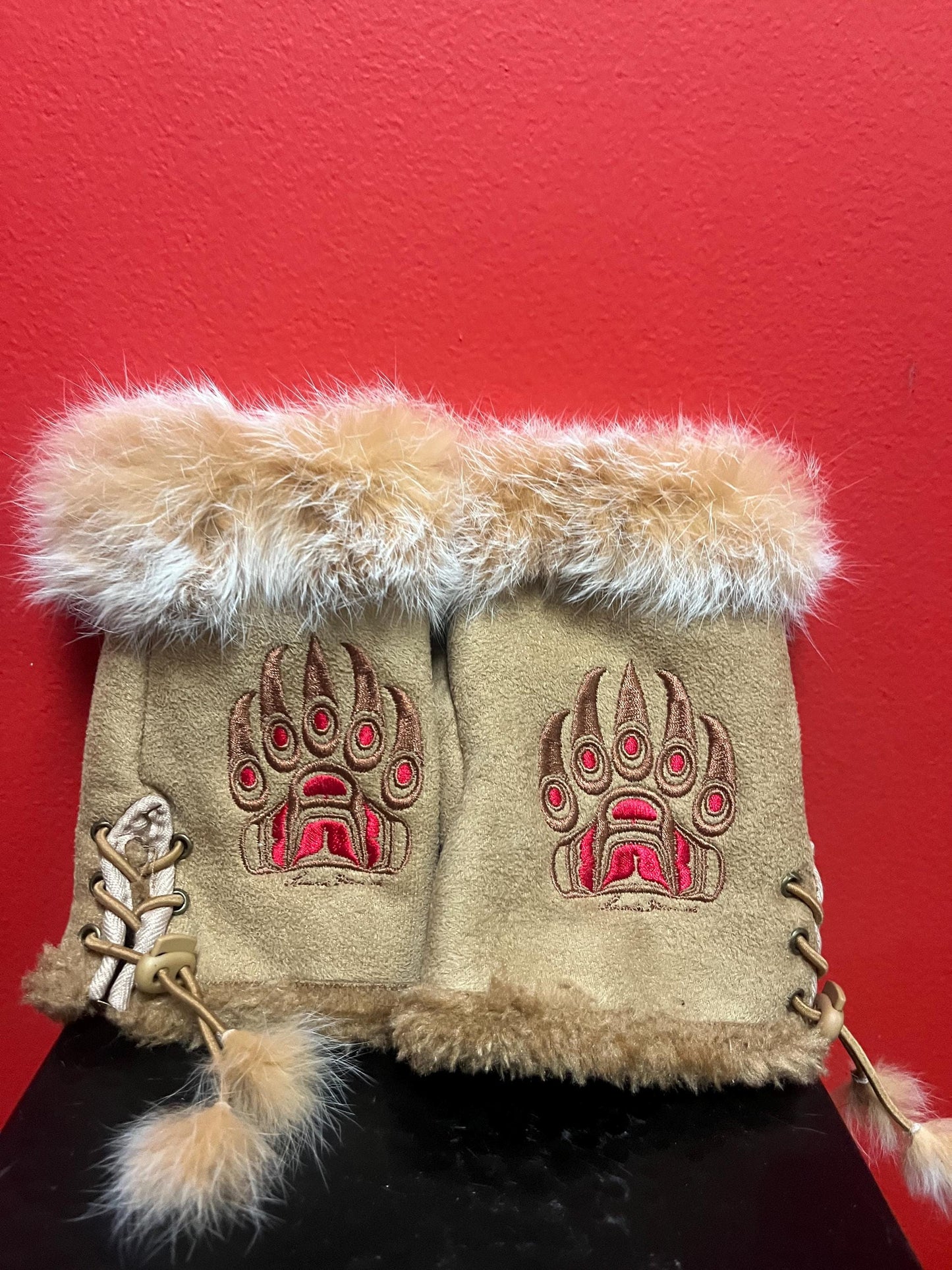 Amazing signed 7 inch long indigenous first nations leather and fur fingerless gloves  ready to gift or wear