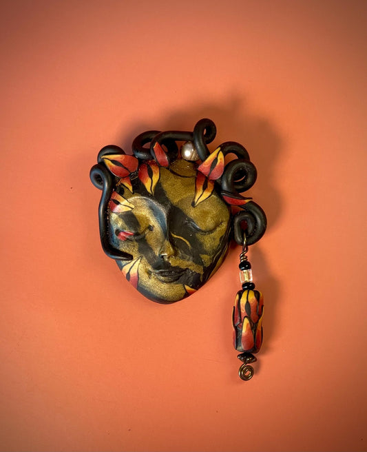 Polymer Clay Brooch  Womans Face with Curled Hair and Dangling Bead