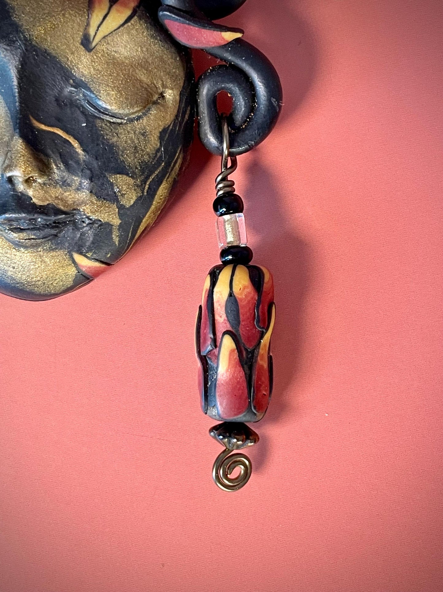 Polymer Clay Brooch  Womans Face with Curled Hair and Dangling Bead