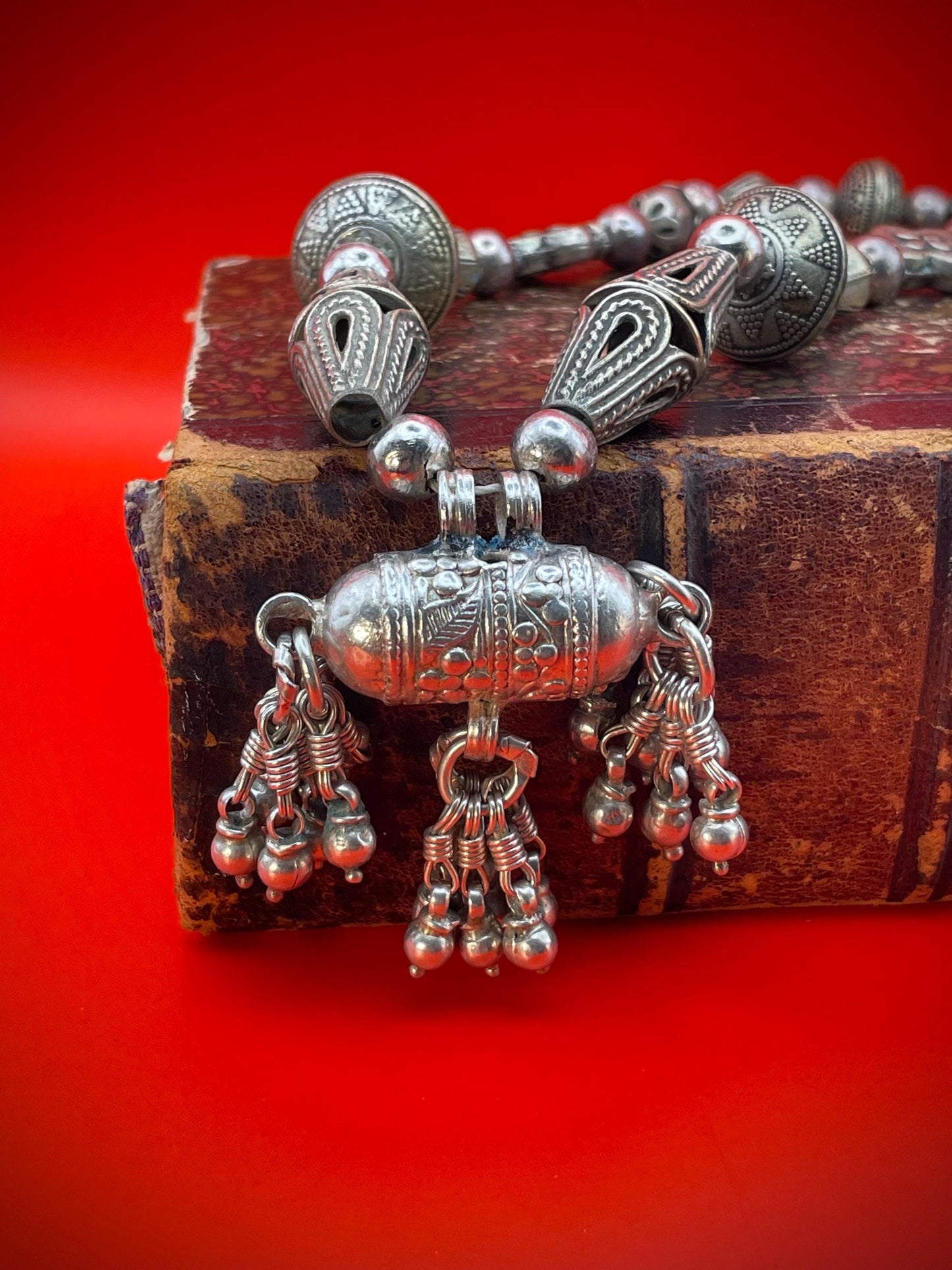 Untested Silver Persian Necklace with intricate beads and 2inch pendant