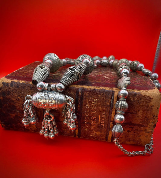 Untested Silver Persian Necklace with intricate beads and 2inch pendant