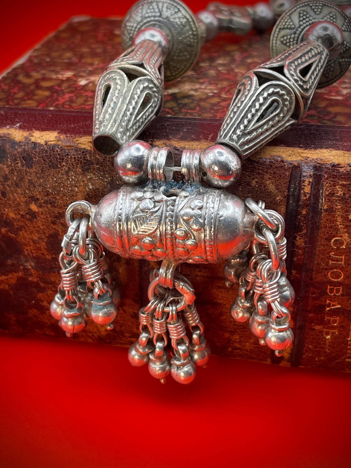 Untested Silver Persian Necklace with intricate beads and 2inch pendant