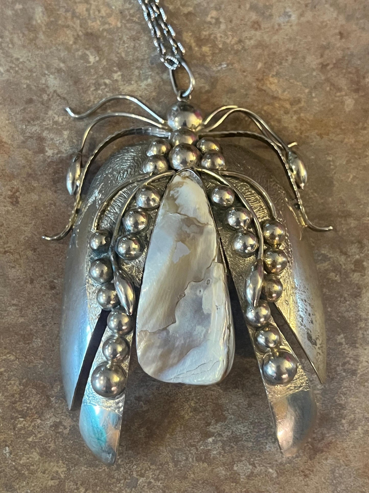 Stunning massive 4 inch insect pendant made from untested silver and Abalone  great detail with chain  wow