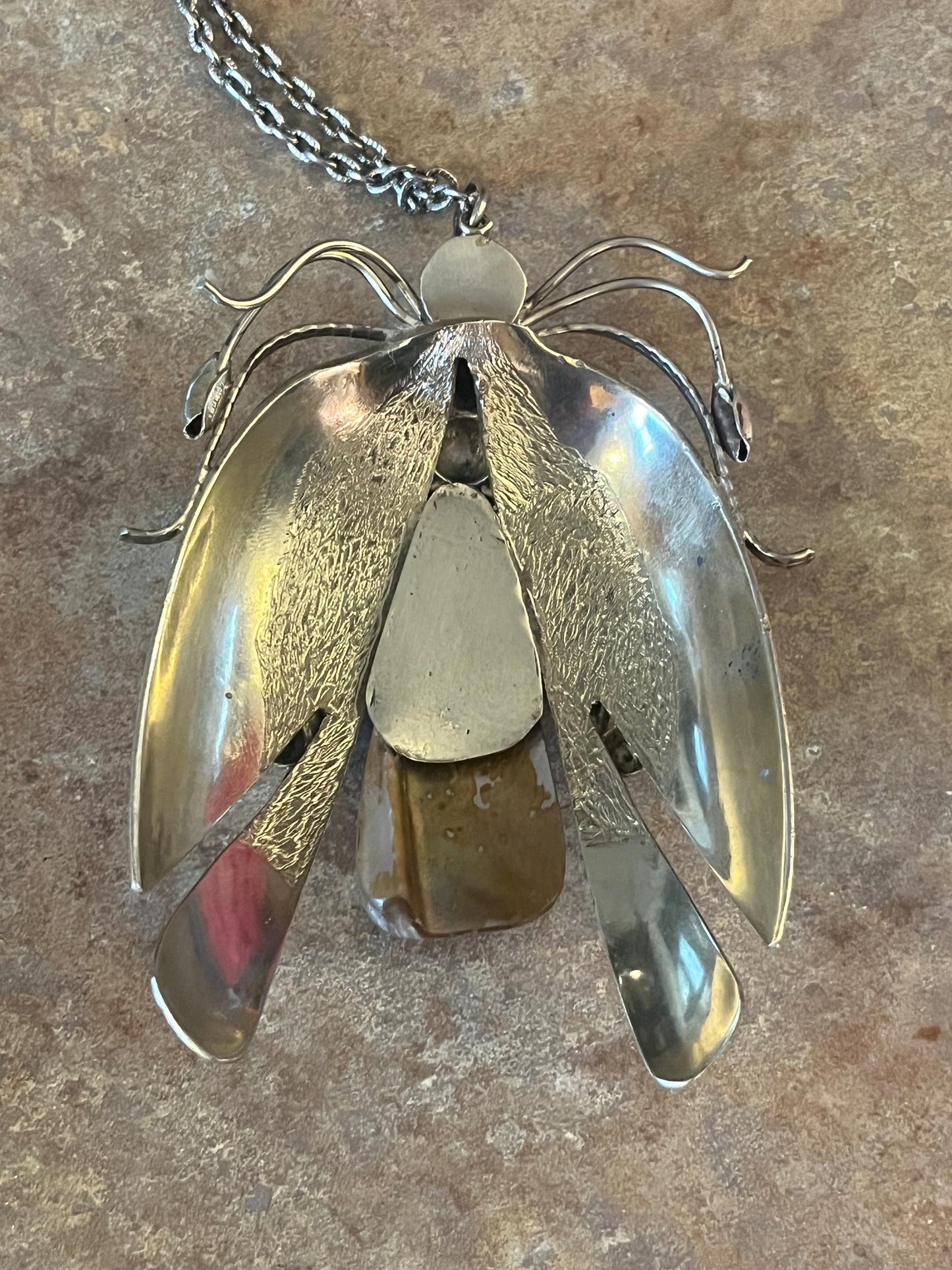 Stunning massive 4 inch insect pendant made from untested silver and Abalone  great detail with chain  wow