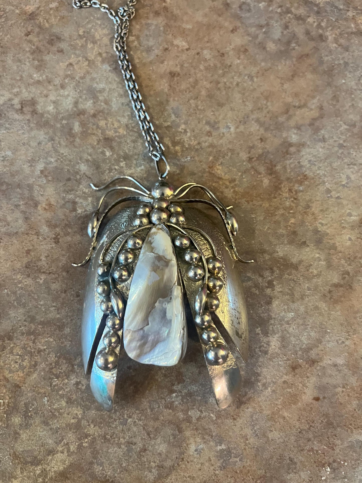 Stunning massive 4 inch insect pendant made from untested silver and Abalone  great detail with chain  wow