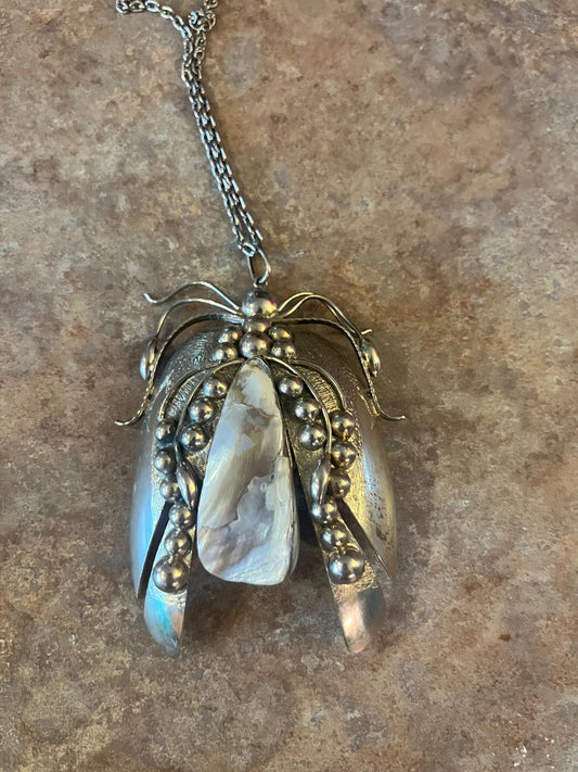 Stunning massive 4 inch insect pendant made from untested silver and Abalone  great detail with chain  wow