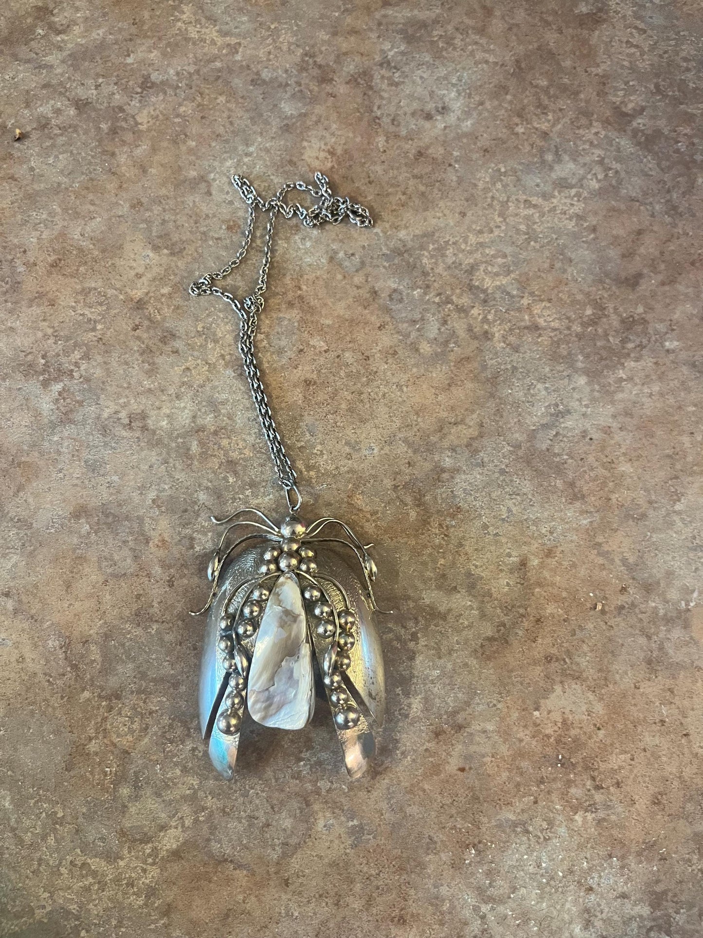 Stunning massive 4 inch insect pendant made from untested silver and Abalone  great detail with chain  wow