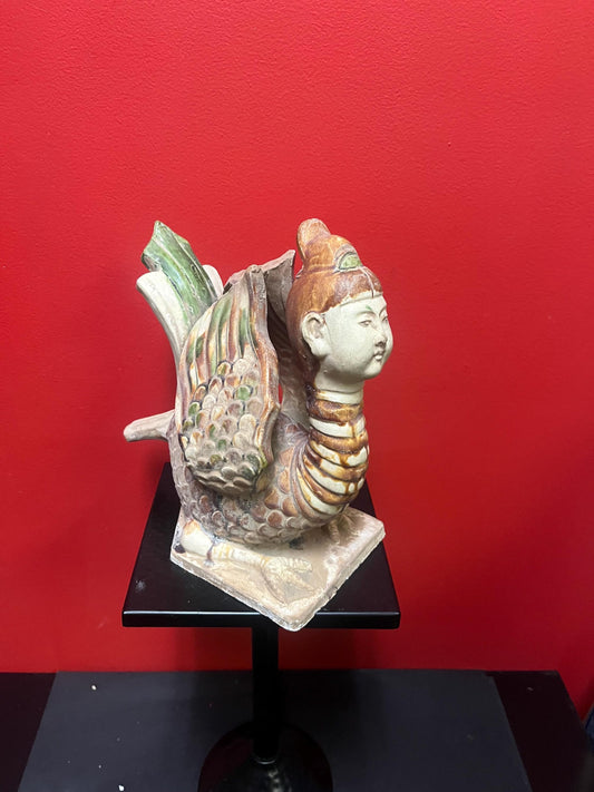 Amazing antique Chinese 13 x 11 high clay statue of a woman Phoenix  incredible condition and wonderful look   wow