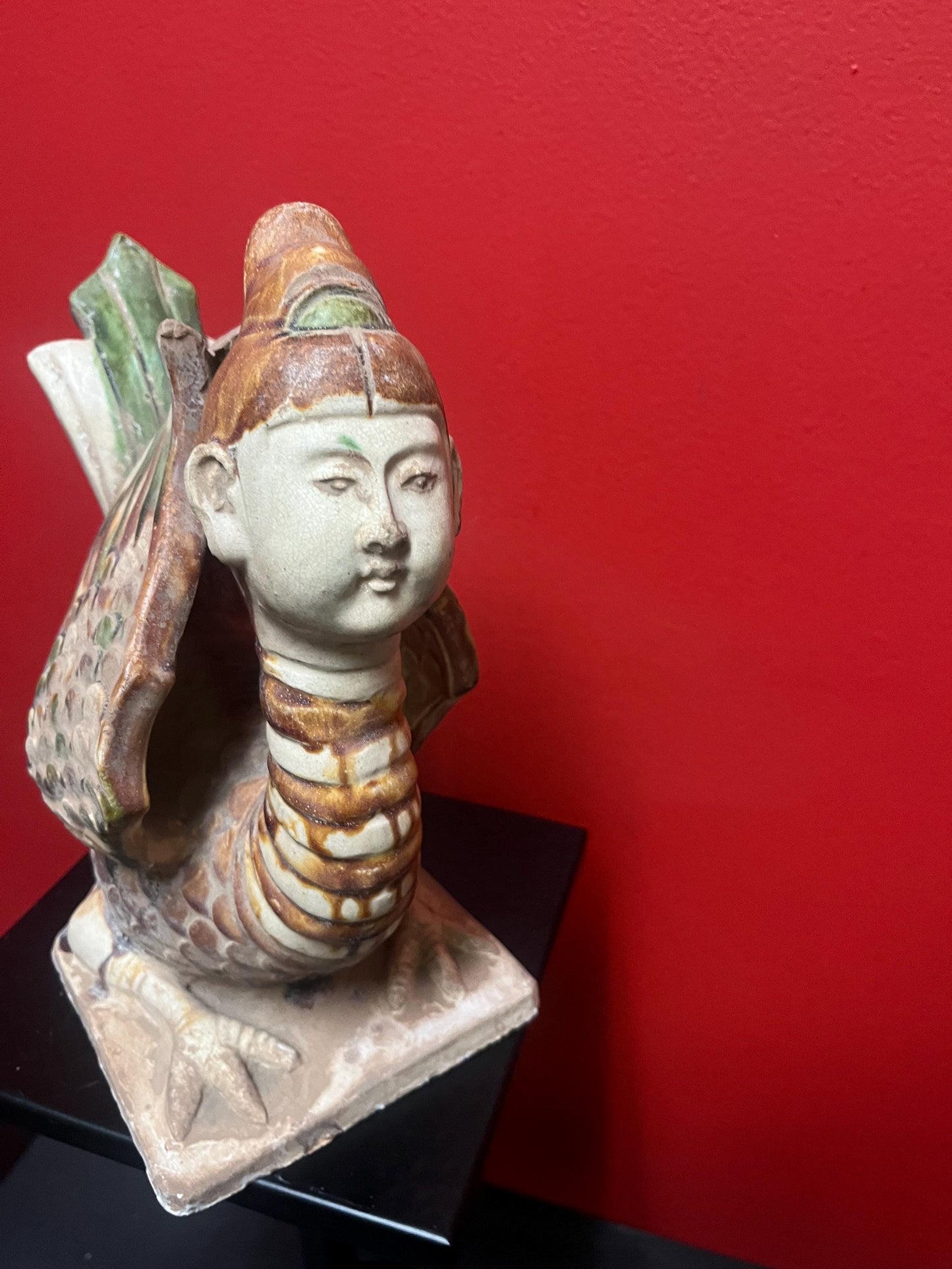 Amazing antique Chinese 13 x 11 high clay statue of a woman Phoenix  incredible condition and wonderful look   wow