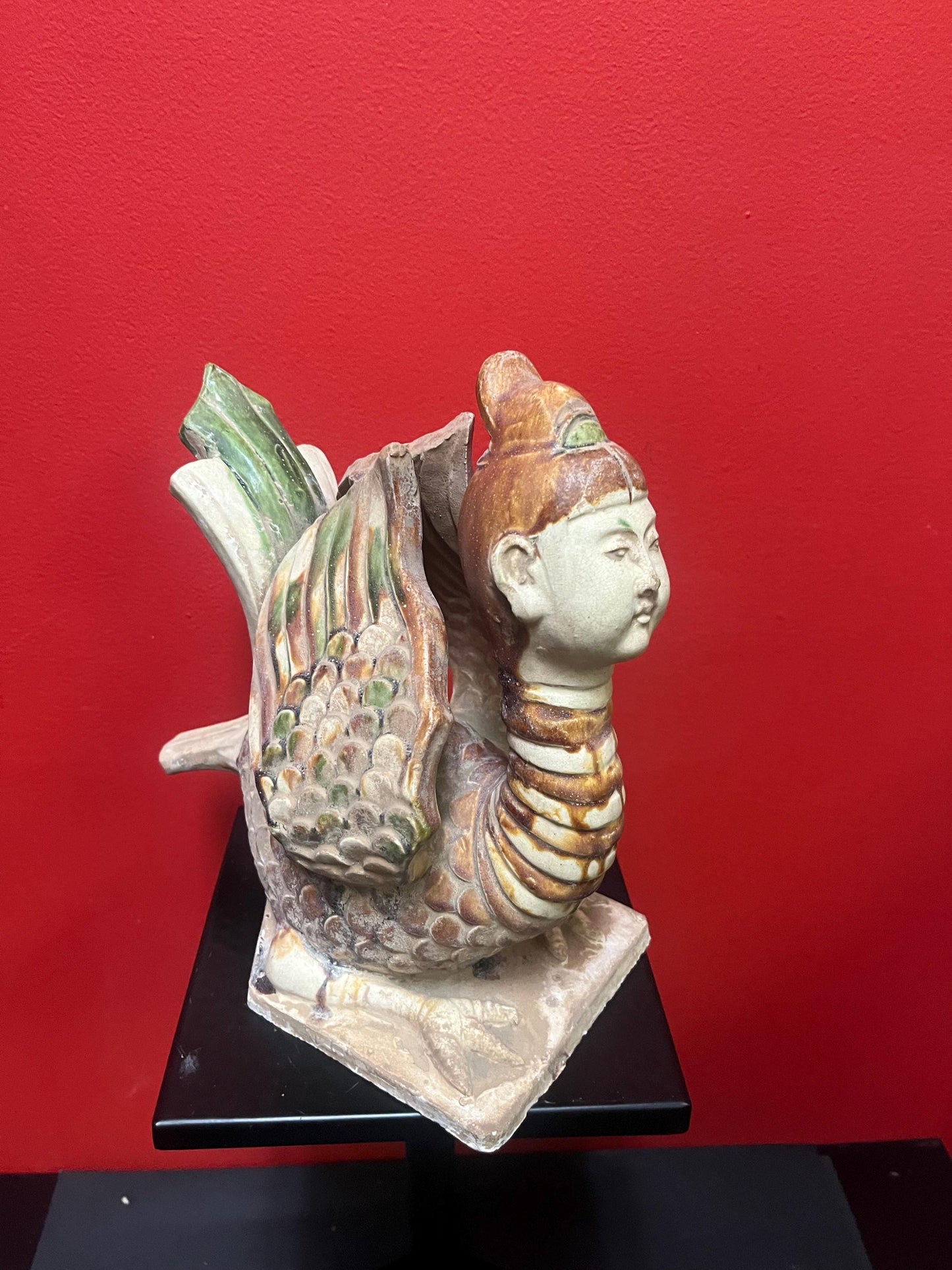 Amazing antique Chinese 13 x 11 high clay statue of a woman Phoenix  incredible condition and wonderful look   wow