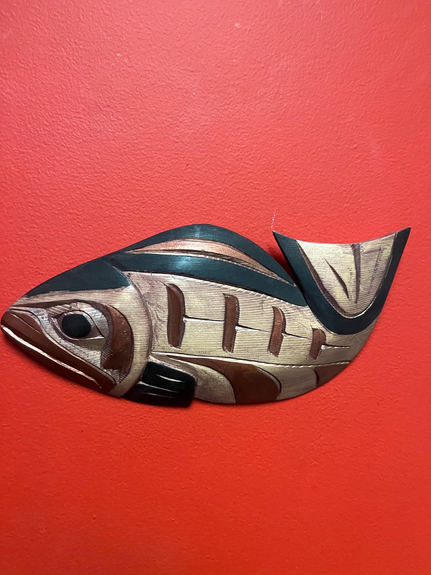 Lovely 12 inch long Charles George salmon plaque ready to hang - indigenous first nation Pacific Northwest Coast beauty