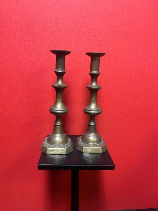 Beautiful antique brass candlesticks  11 inches tall and stable on the table - lovely pair