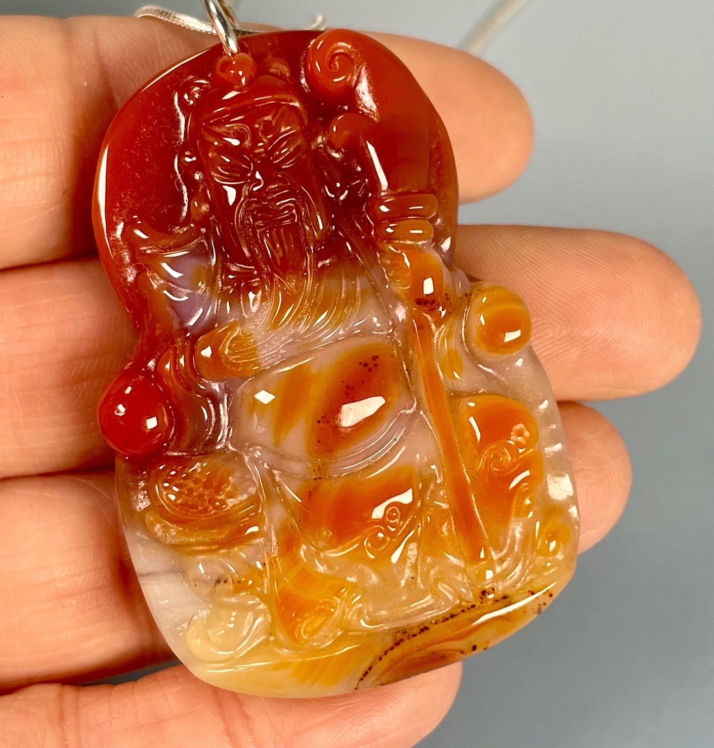 Hand-Carved Agate Shou Pendant  Symbol of Longevity & Prosperity