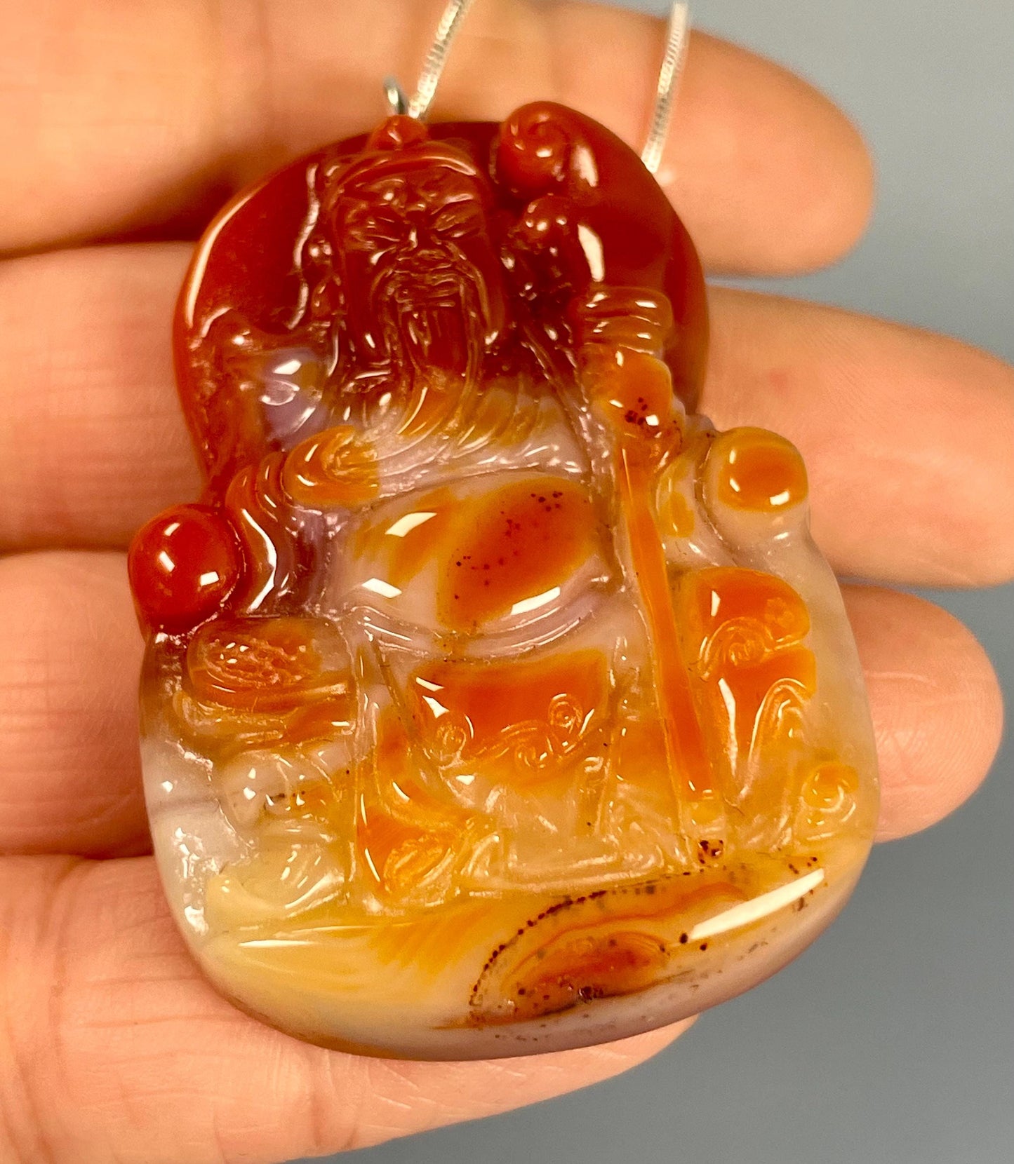 Hand-Carved Agate Shou Pendant  Symbol of Longevity & Prosperity