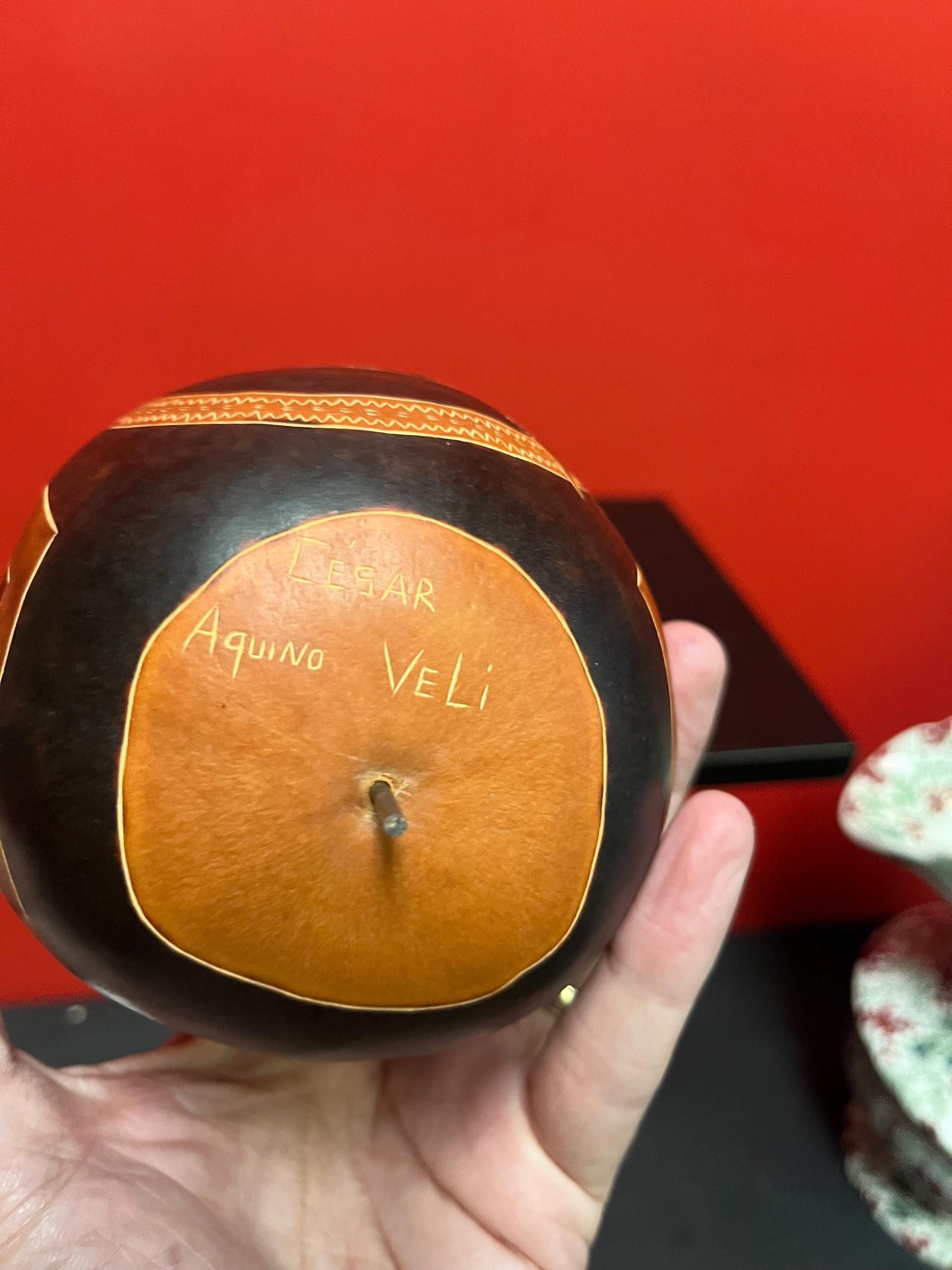 7 inch signed Peruvian signed statue rattle on Stand  good value   mother holding baby