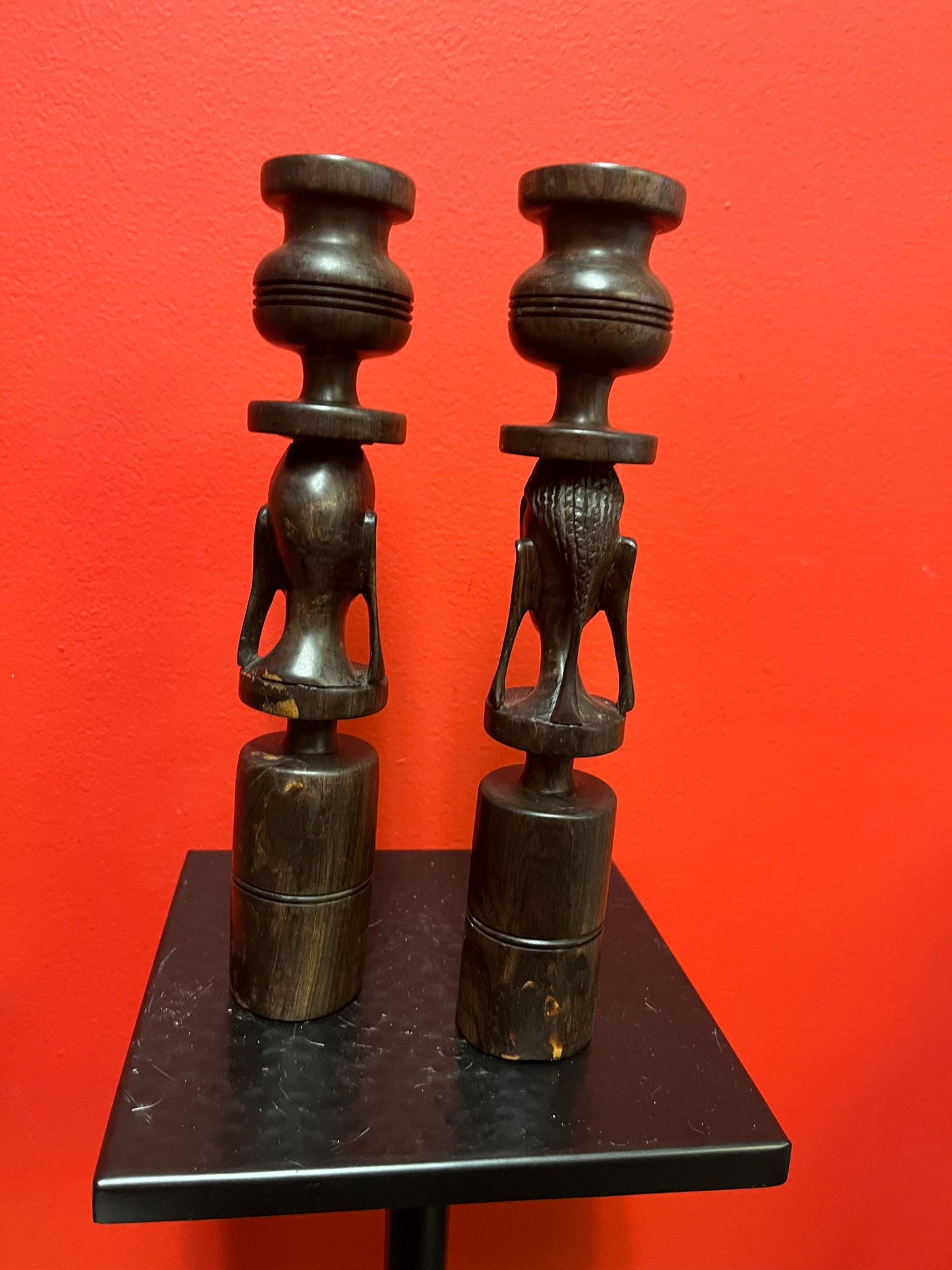 Lovely African Ebony wood candlesticks  10 inches tall  his and hers  great value